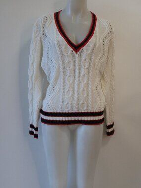 Womens 27 Miles White, Red, Black Open Knit V-Neck Sweater M